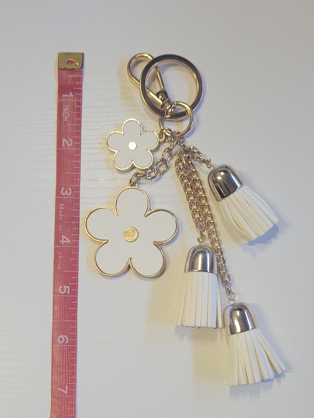 Angelic White Floral Tassel Keychain Charm - Gold Hardware